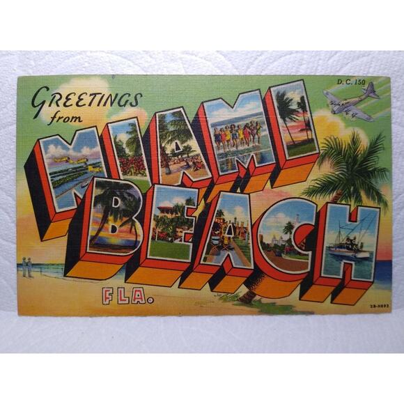 Greetings From Miami Beach Florida Large Letter Linen Postcard Curt Teich Plane - Picture 2 of 3